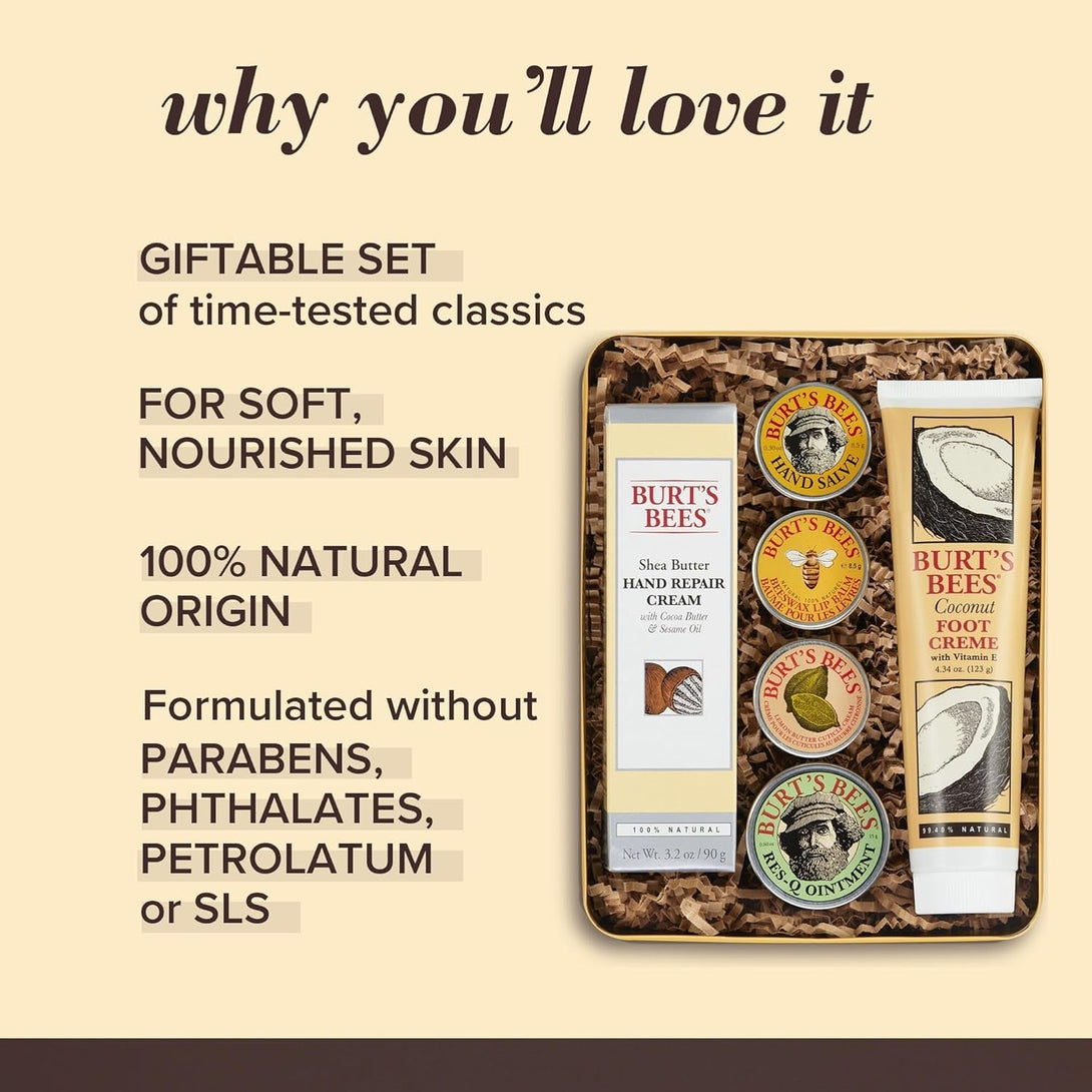 Burt'S Bees Gifts Ideas - Classics Set, 6 Products in Giftable Tin – Cuticle Cream, Hand Salve, Lip Balm, Res-Q Ointment, Hand Repair and Foot Cream