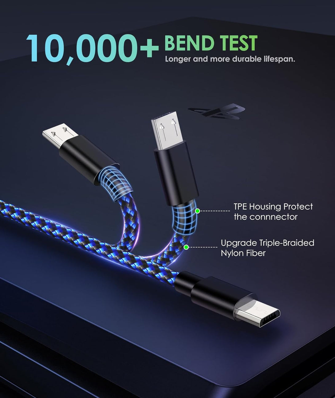 6Amlifestyle PS4 Controller Charger Charging Cable, 2 Pack 10Ft Extra Long Micro USB 2.0 Cable, Nylon Braided Cord, for PS4, PS4 Slim/Pro, Xbox One S/X Controller, Android Phones, Black+Blue