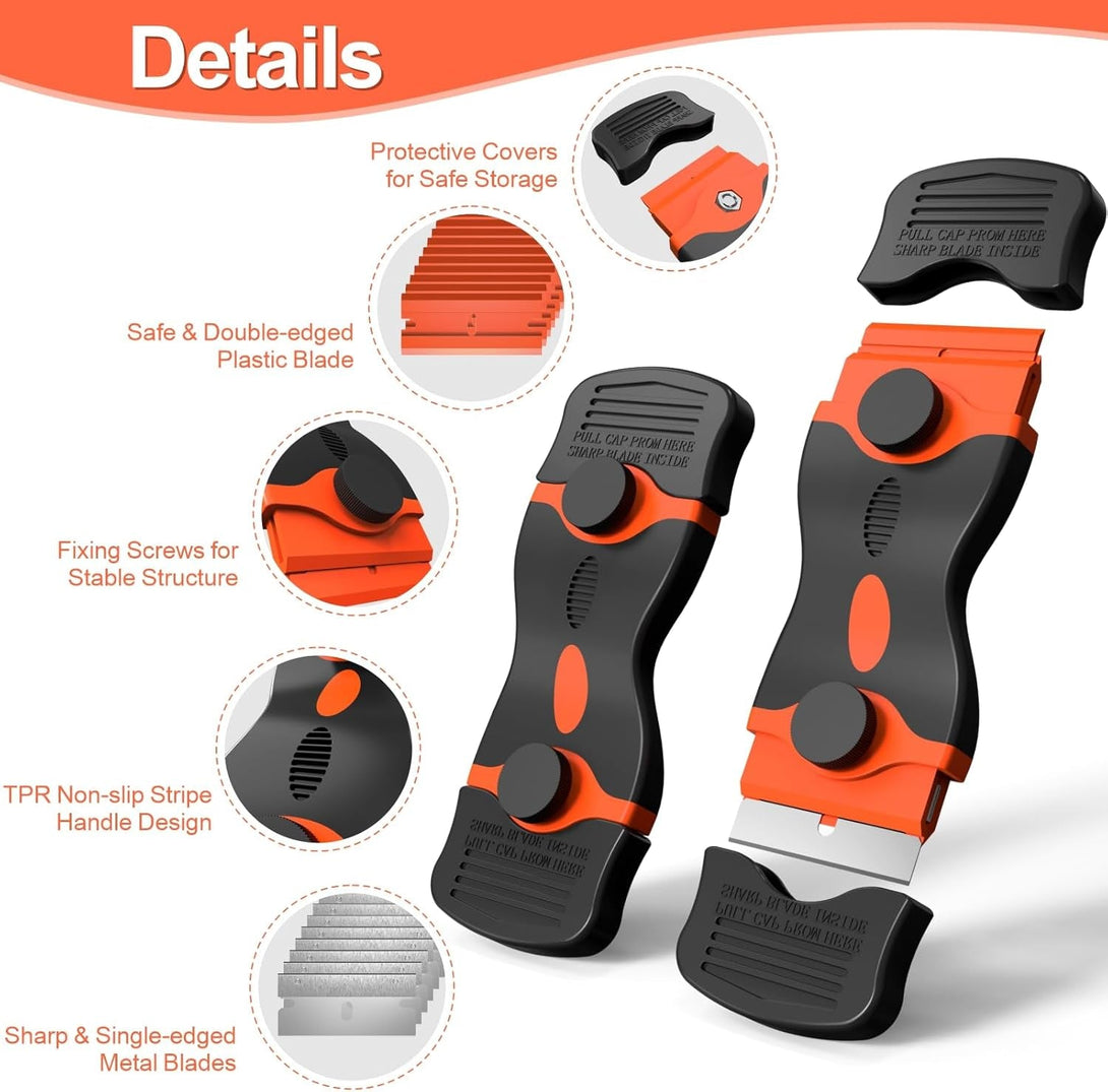 3 Pack Razor Blade Scraper Set, Includes 30 Plastic & 30 Metal Blades, Multi-Purpose Tool for Glass, Cooktop, Sticker Removal, Paint & Gum Cleaning (Orange)
