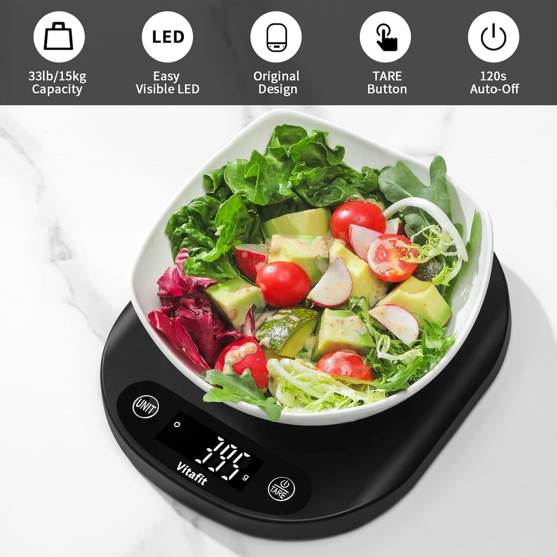 Vitafit 33Lb/15Kg Digital Food Scale Grams and Ounces in 1G/0.1Oz, High Accuracy Assured by Kitchen Scale Professional Factory since 2001, Gram Scale for Cooking and Baking, LED Display, 3*AAA, Black