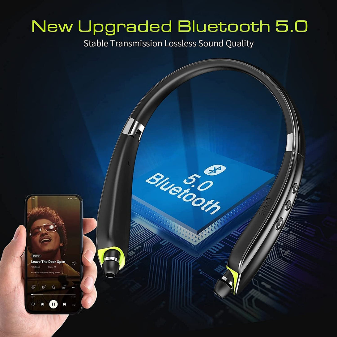 Bluetooth Headset, 2025 Upgraded Neckband Bluetooth Headphones with Retractable Earbuds, Noise Cancelling Stereo Earphones with Mic, Foldable Wireless Headphones for Sports Office with Carry Case