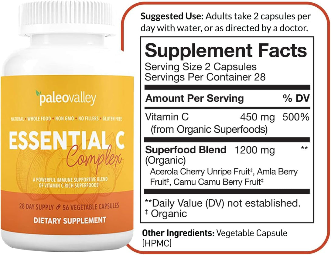 Paleovalley Essential C Complex - Vitamin C Supplement for Immune Support - 1 Pack, 450Mg - Organic Superfoods Unripe Acerola Cherry, Camu Camu, Amla Berry - No Synthetic Ascorbic Acid - USA Made