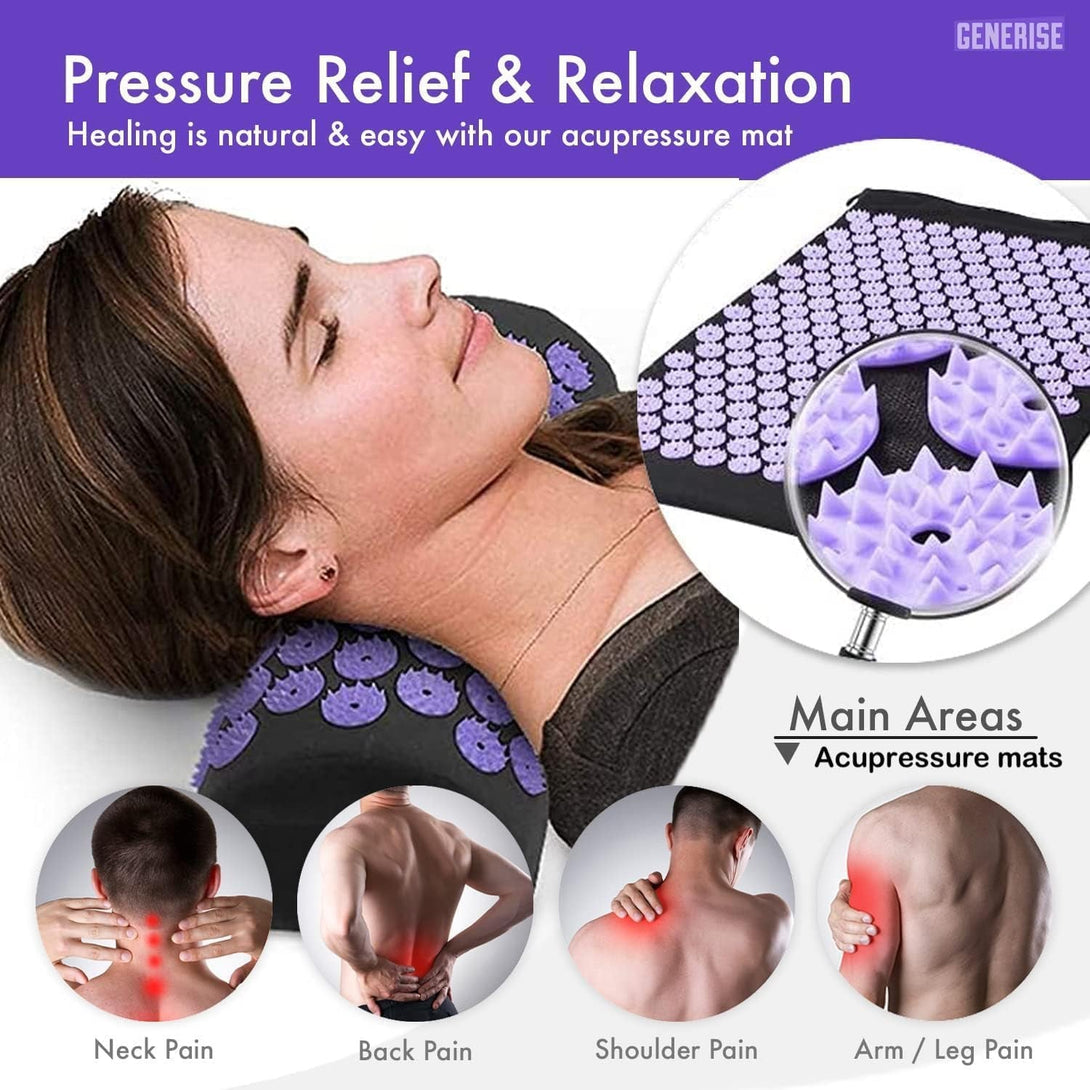 Acupressure Mat Generise Accupressure Body Mat and Pillow Set for Men & Women - Back, Neck and Muscle Pain Relief - Includes Travel Bag with Adjustable Strap (Black with Purple Spikes)