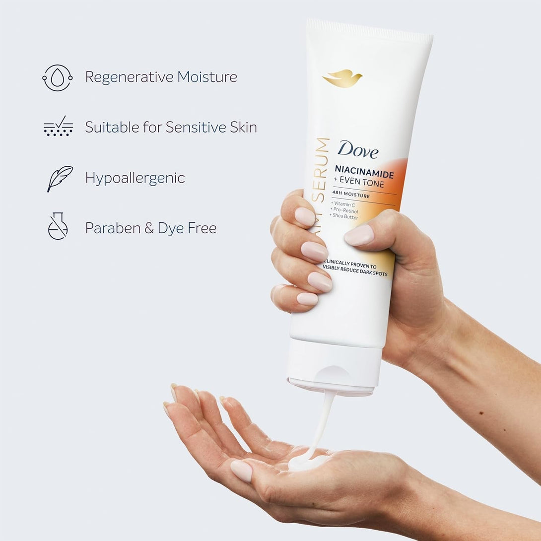 Dove Body Cream Serum Niacinamide + Even Tone for Dark Spots and Uneven Tone with Vitamin C, Pro-Retinol and Shea Butter Lotion, 8 Oz