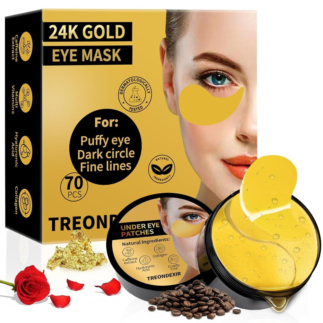 24K Gold Eye Masks for Dark Circles and Puffiness 70PCS, under Eye Patches Gel Pads for Puffy Eyes Treatment W/Collagen, Caffeine, Peptides for Eye Bags Treatment, Gel Eye Mask Skincare