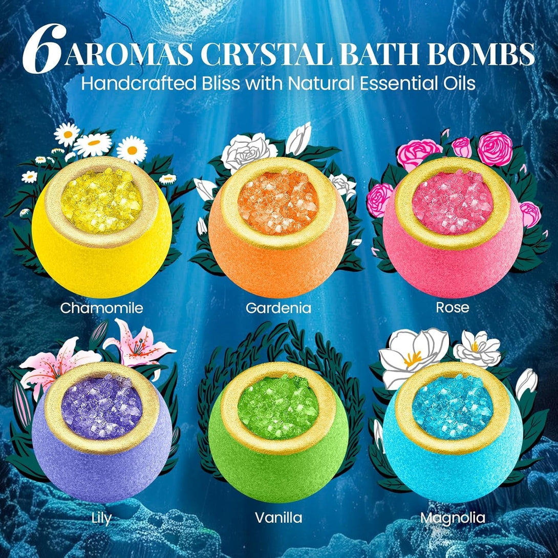 Crystal Bath Bomb Gift Set – 12 Pack with 6 Natural Scents, Organic Shower Bombs with Nourishing Bath Salts, Stress Relief Bubble Spa, Self Care Gifts for Women, Mom, Wife, and Daughter