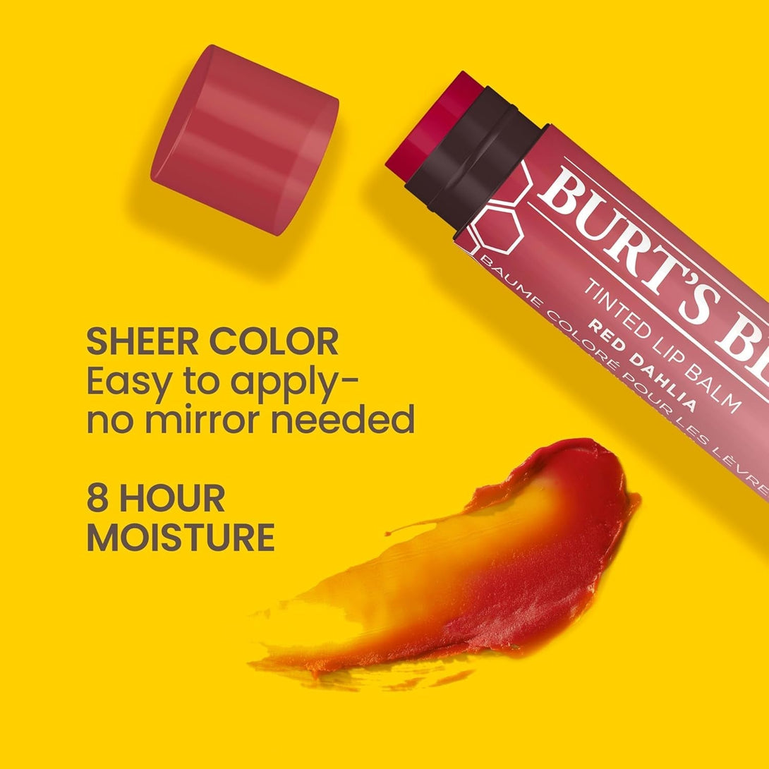 Burt'S Bees Lip Tint Balm Valentines Day Gifts with Long Lasting 2 in 1 Duo Tinted Balm Formula, Color Infused with Hydrating Shea Butter for a Natural Buildable Finish, Fiery Red Dahlia (2-Pack)