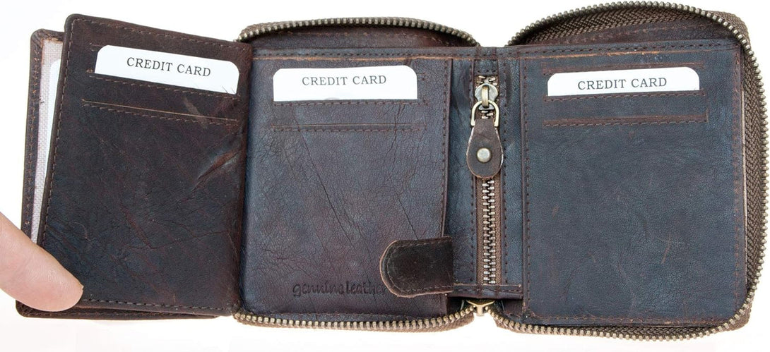 FLW Small Strong Oiled Genuine Leather Wallet with Metal Zipper around without Logos