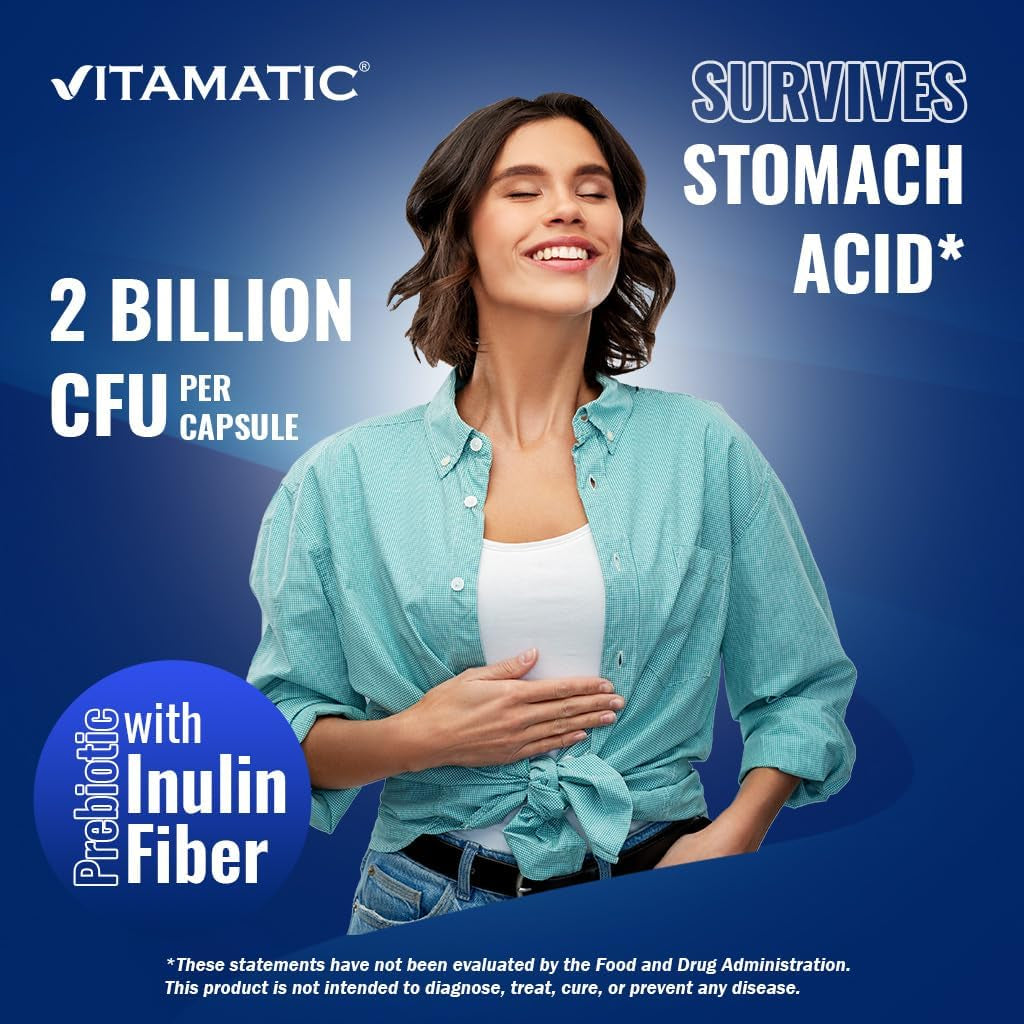 Vitamatic Lactobacillus Salivarius 2 Billion per DR Capsule - 60 Count - Digestive Support - Made with Prebiotic Inulin Fiber (1 Bottle)