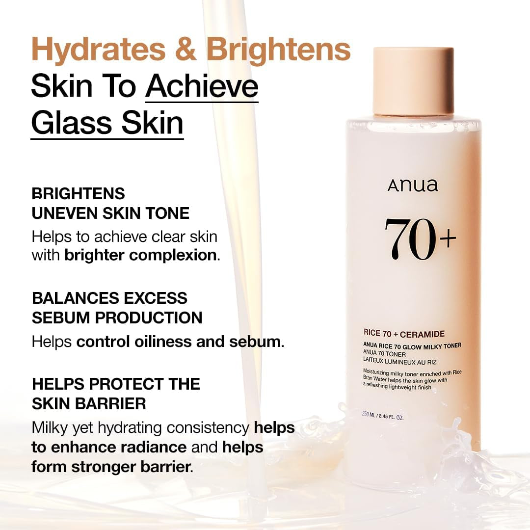 ANUA Rice 70 Glow Milky Toner, for Glass Skin, Rice Water, Niacinamide, Ceramides, Panthenol, Fragrance-Free, Non Comedogenic, Fungal Acne Safe, Korean Skin Care, 250Ml/8.45Fl.Oz.