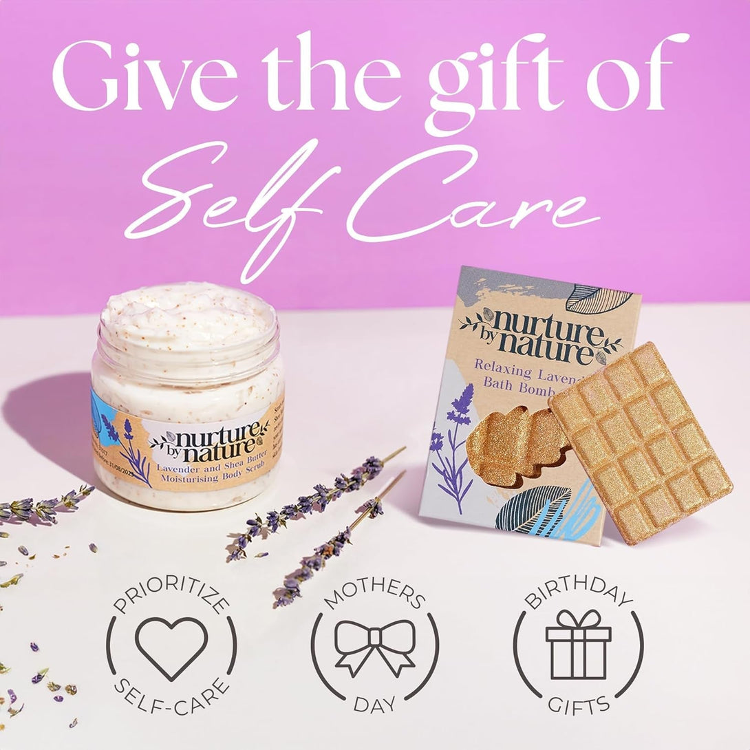 Nurture by Nature RELAX & CALM Spa Kit - Mothers Day Gifts - Spa Gift Baskets for Women, Complete Bath Sets for Women Gift - Lavender Pillow Mist, Bath Salts, Bath Bomb - Self Care Gift Basket