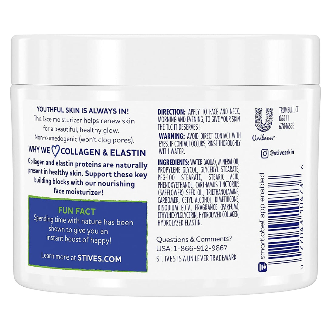 St. Ives Face Moisturizer Cream, Collagen and Elastin, Renewing Facial Moisturizer for Women, Paraben Free, Dermatologist Tested Daily Moisturizing for Dry Skin Cruelty Free, 10 Oz