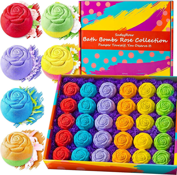 Mother'S Day Bath Bomb Gift Set – 30 Pack Rose-Shaped Bath Bombs with Natural Essential Oils, 6 Relaxing Scents, Handmade Spa Fizzies for Women, Men, Teens, and Kids, Perfect Self Care Birthday Gifts