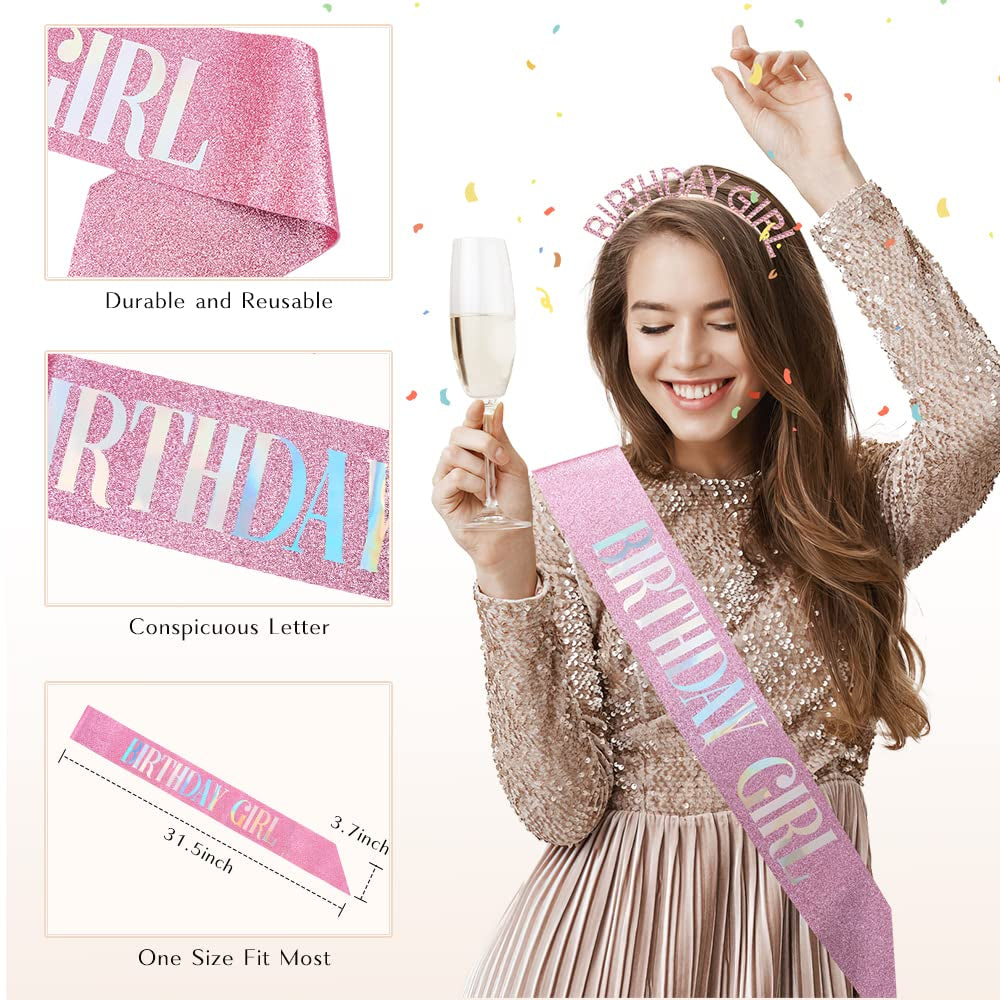 Glitter Birthday Sash, Tiara and Rhinestone Headband Set - Pink Birthday Accessories for Her