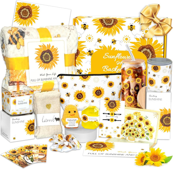 Sunflower Gift Baskets for Women, 18 Pcs Sending Sunshine Unique Birthday Cheer up Box Self Care Package, Get Well Soon Spa Gifts Baskets W/Blanket - Thinking of You Gift for Her, Women, Sister, Mom