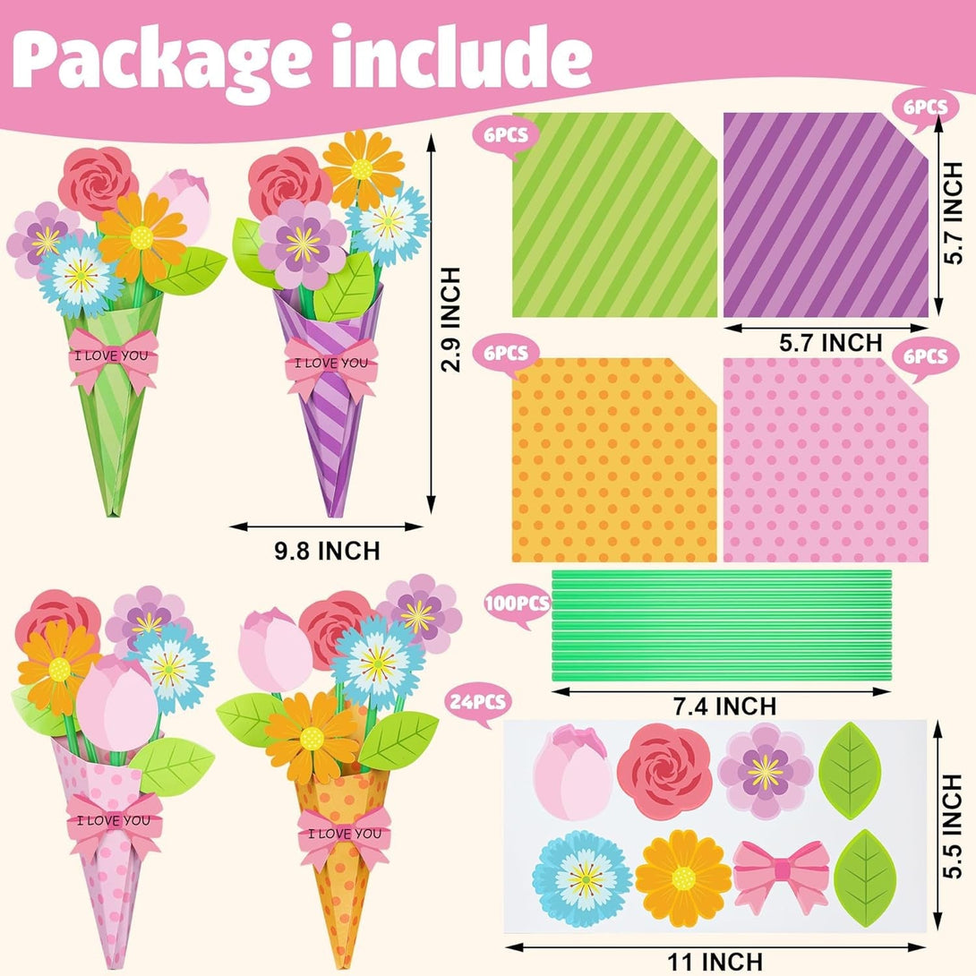 24 Pcs Flower Bouquet Craft Kit Make Your Own Flower Bouquets DIY Mother'S Day Gift Floral Bouquet School Classroom Home Fun Activities with Straw and Floral Paper for Teacher Appreciation Week Gifts
