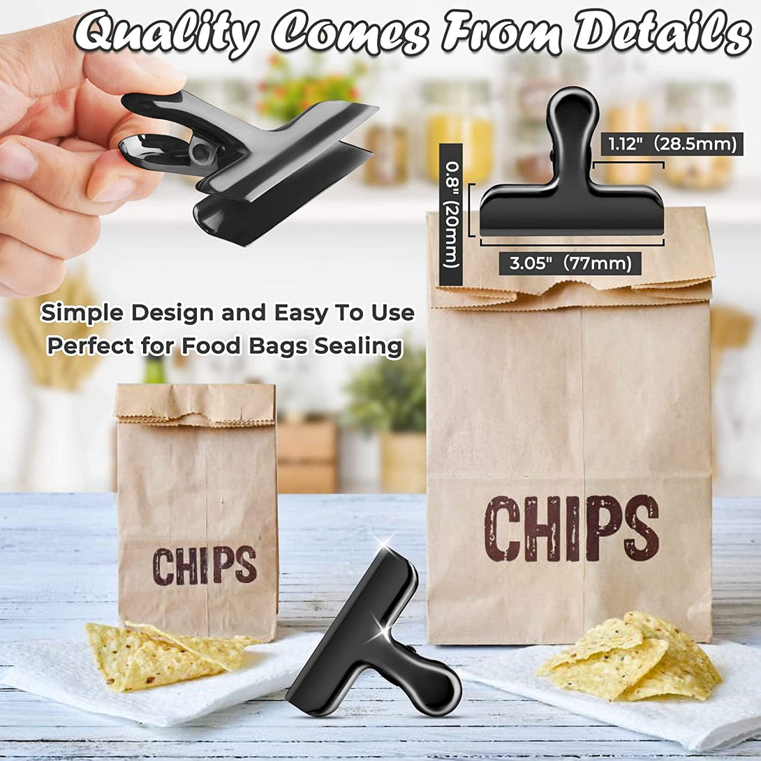 12 Packs Metal Black Chip Clips, Heavy Duty Chip Clips Bag Clips Food Clips, Bag Clips for Food, Clips for Food Packages, Stainless Steel Food Clips for Bag