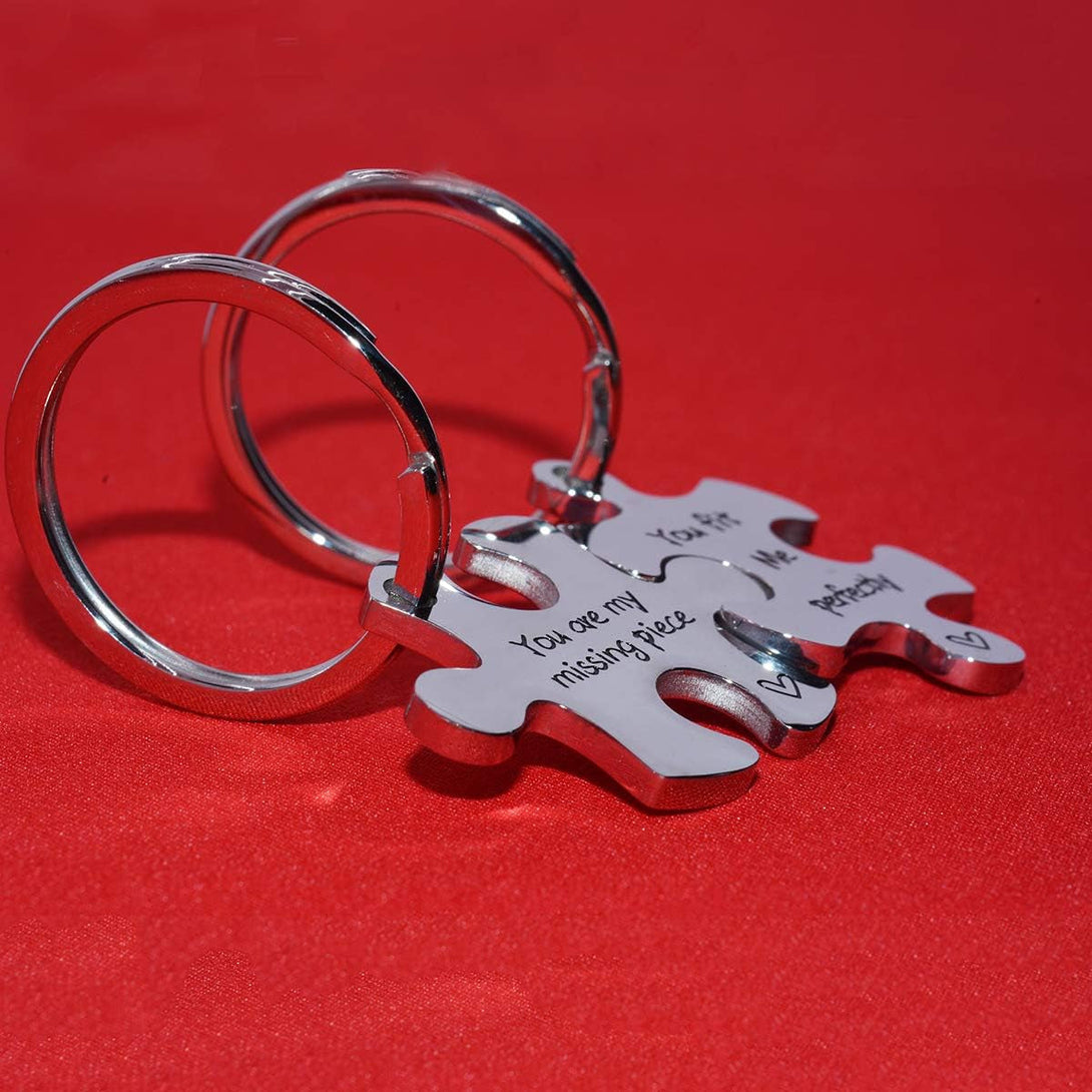Valentine'S Day His and Hers Puzzle Piece Pendant Necklace Keychain Set Personalized Couples Stamped Chain Keyring