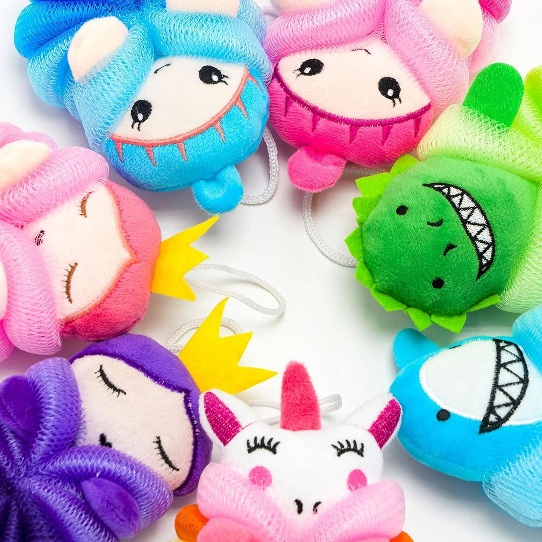 MURRI&MURRDI 4 Pcs Bath Loofah for Kids Bath Sponge, Lovely Animal Body Scrubber Kids Toddler Body Loofah Cute Cartoon Kids Bath Pouf Mesh Loofah Sponge for Children Shower 55G (4 Cartoon B)