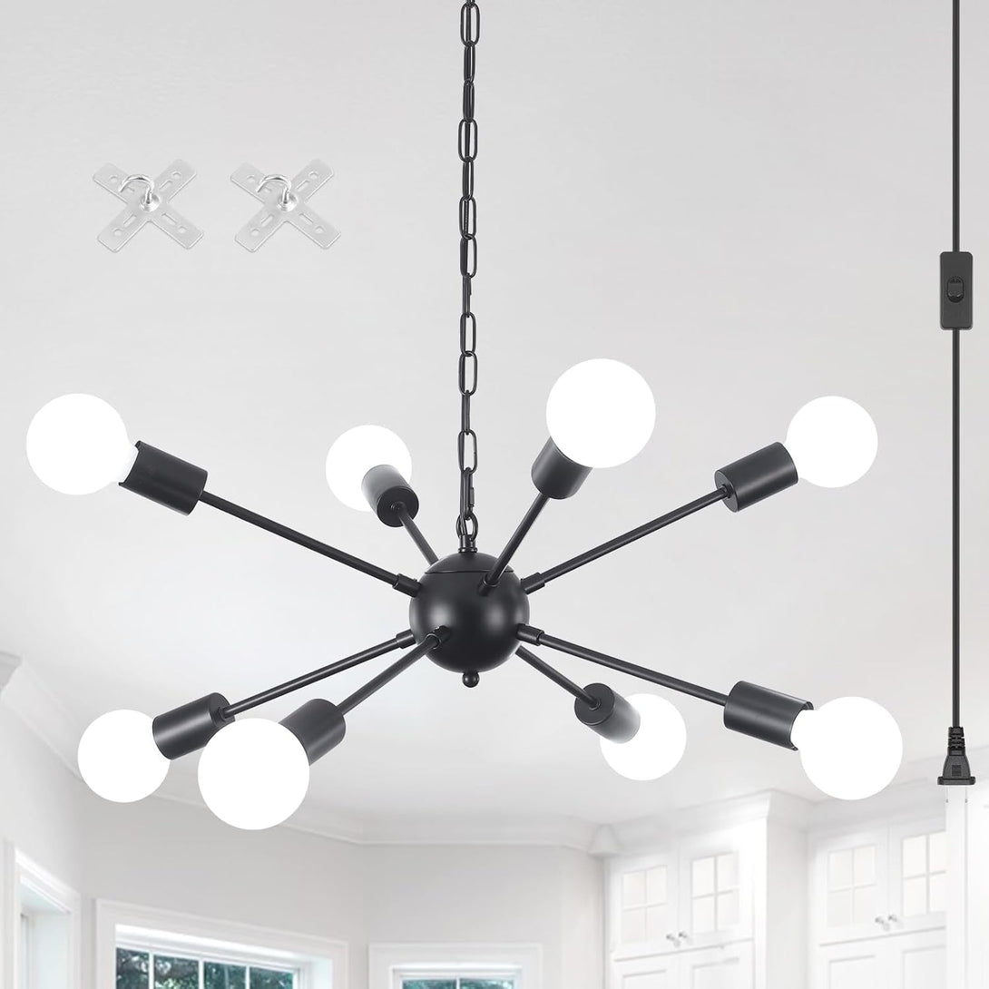 8 Lights Plug in Chandelier Sputnik Ceiling Light Fixture Black Hanging Lights with Plug in Cord 16.4Ft Sputnik Chandeliers for Dining Room Living Room Bedroom Foyer