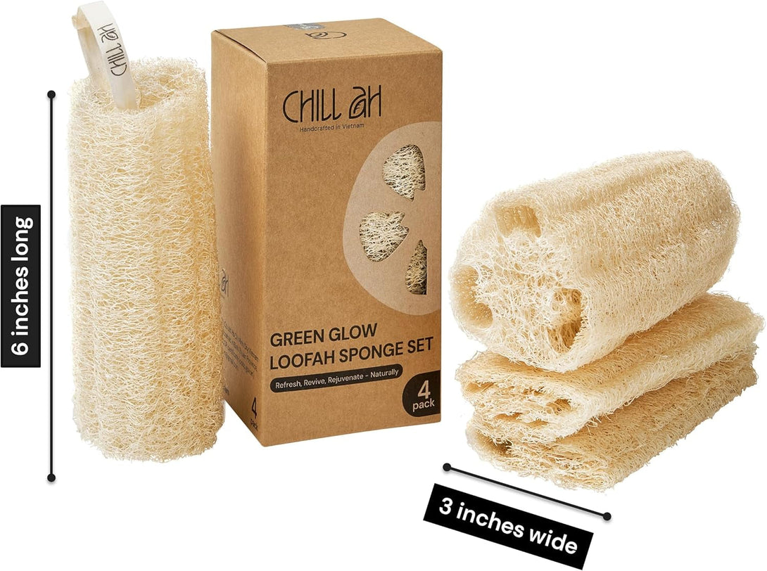 Chill Ah Green Glow Natural Loofah Sponge Set – 100% Plant-Based, Dye-Free, Biodegradable, Scratch-Free, Handcrafted in Vietnam (4-Pack)