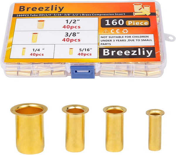 160Pcs Tube OD(1/4" 5/16'' 3/8" 1/2") Brass Compression Insert,Brass Compression Fitting Assortment Kit, Insert Tube Support Compression Sleeve Fitting