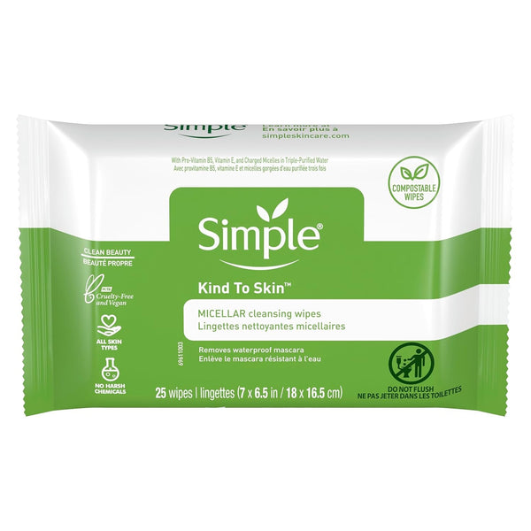 Simple Kind to Skin Cleansing Wipes Micellar Gentle and Effective Makeup Remover Free from Color and Dye, Artificial Perfume and Harsh Chemicals 25 Wipes