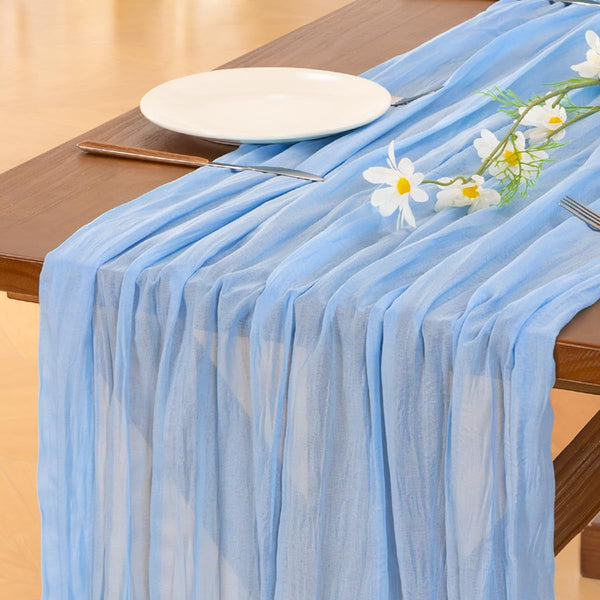 Socomi Blue Summer Cheesecloth Table Runner Light Blue Boho Rustic Gauze 120 Inch 10FT Cheese Cloth Runner for Wedding Party Baby Shower Birthday Home Decor Holiday Decorations