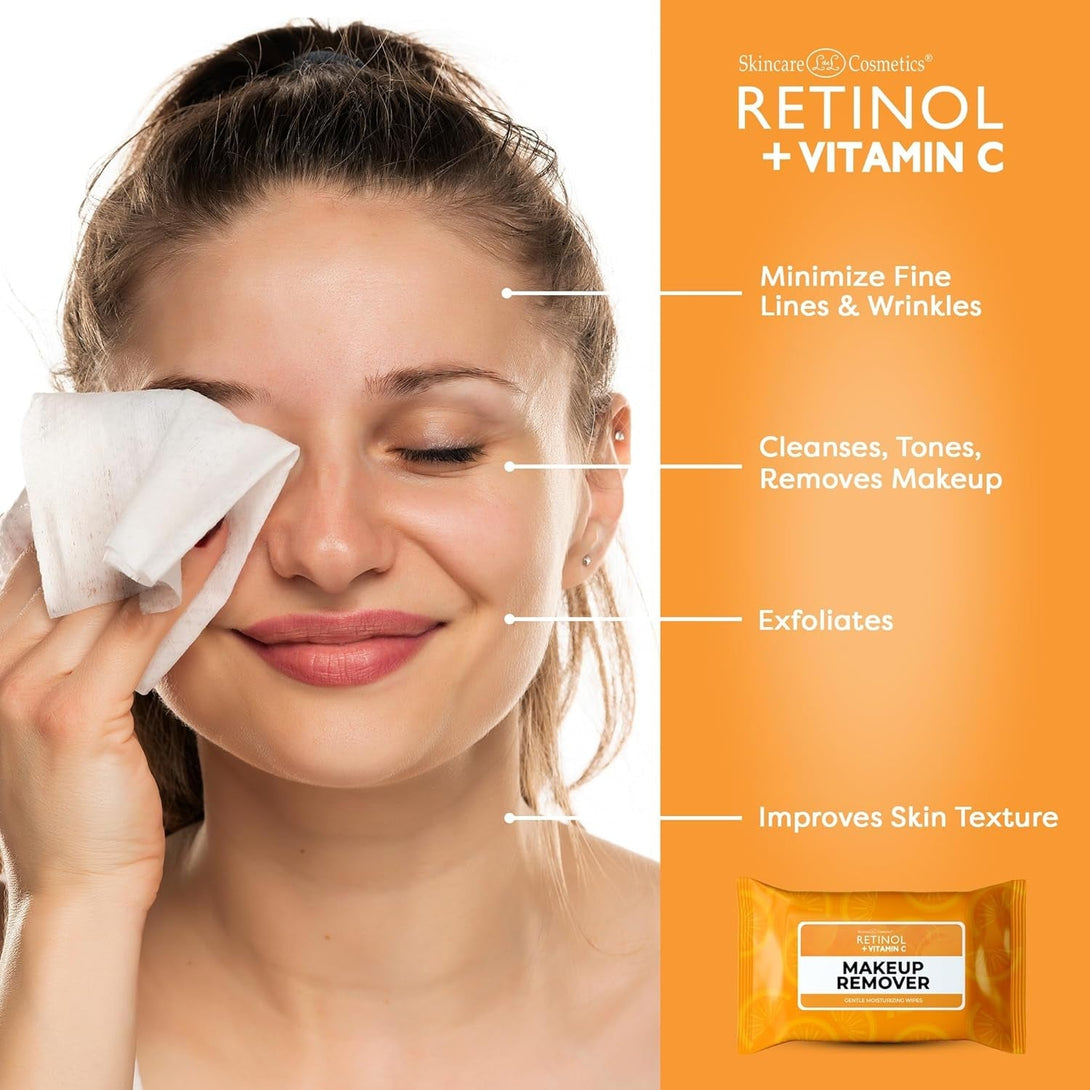 Retinol + Vitamin C Individually Wrapped Makeup Remover Wipes, Travel Essentials for Travel & on the Go, Women Facial Cleansing Towelettes, Removes Makeup Mascara & Sunscreen - 30 Single Face Wipes