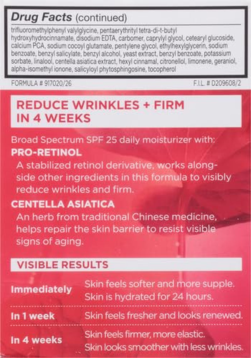 L'Oréal Paris Revitalift Anti-Wrinkle and Firming Face Moisturizer with SPF 25, Pro-Retinol and Centella Asiatica, Paraben Free, 1.7 Oz (Packaging May Vary)