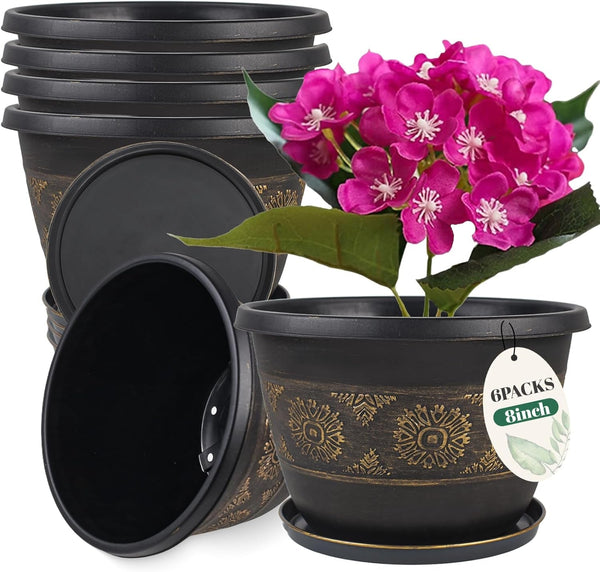 6 Pack 8 Inch Plant Pots, Retro Pattern Planters with Drainage Holes and Saucer, Sturdy Plastic Garden Flower Pots for Indoor & Outdoor Plants