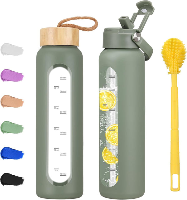32 Oz Glass Water Bottle with 2 Lids-Handle Straw Lid & Bamboo Lid,1 Liter Motivataional Tumbler Water Bottle Time Marker, Borosilicate Glass Water Bottles with Silicone Sleeve, Leakproof