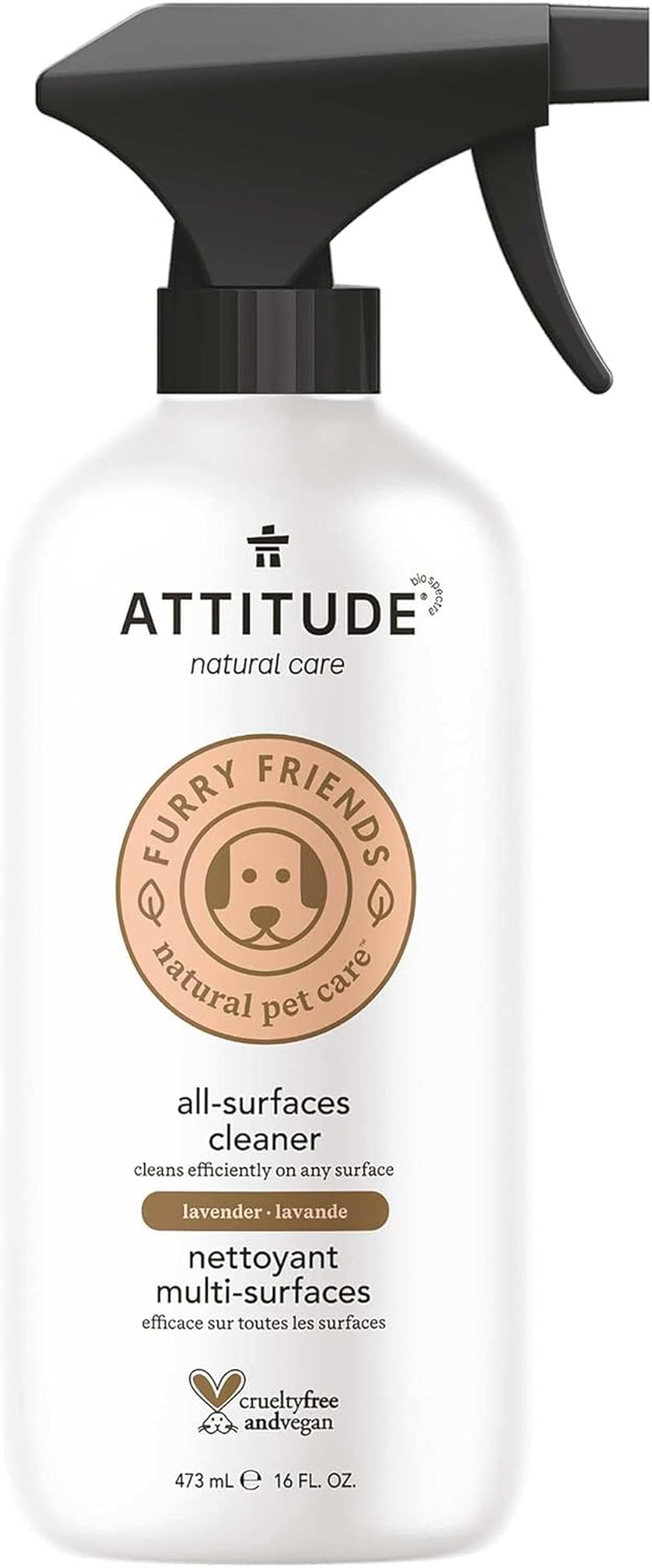 ATTITUDE All Surface Cleaner for Pets, Plant and Mineral-Based Ingredients, Vegan and Cruelty-Free, Lavender, 16 Fl Oz