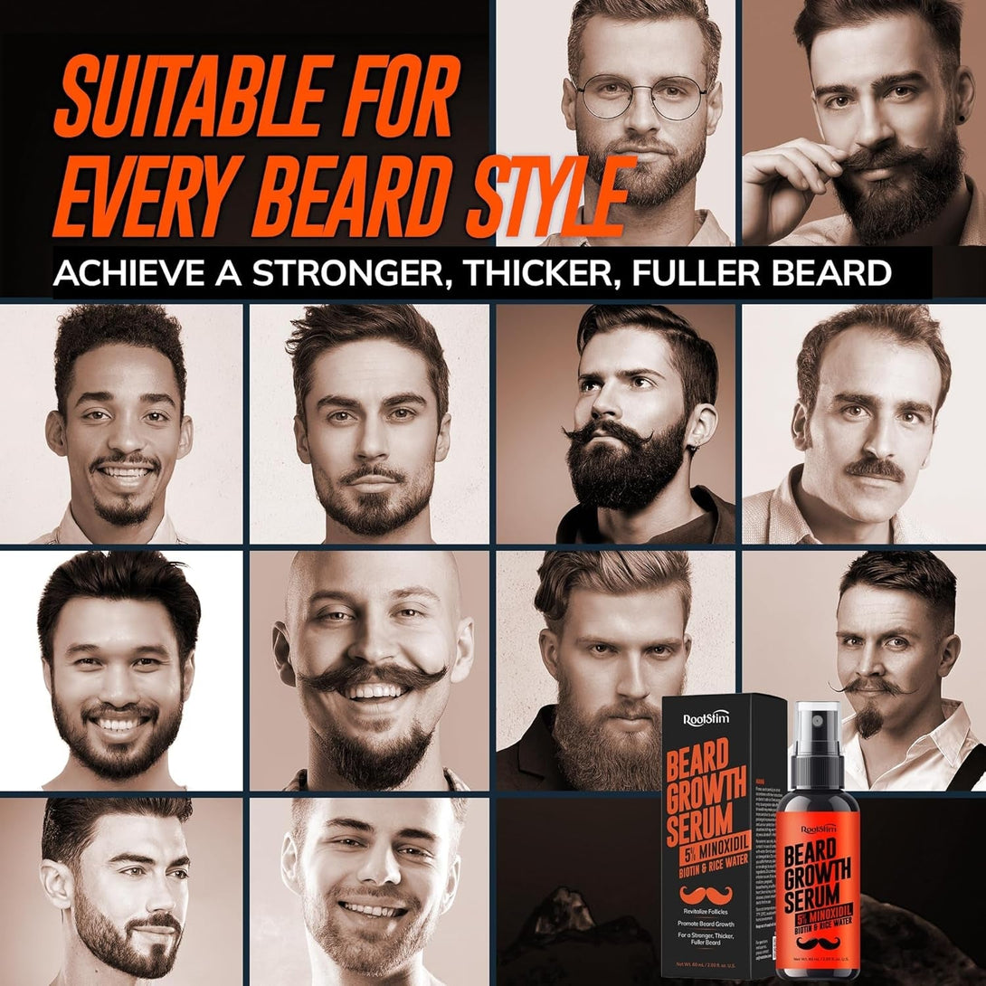 5% Minoxidil Beard Growth Serum for Men: 5% Minoxidil Hair Regrowth Spray with Biotin & Rice Water - Extra Strength Beard Oil for Faster Thicker and Fuller Beard Growth - 2.03 Fl Oz