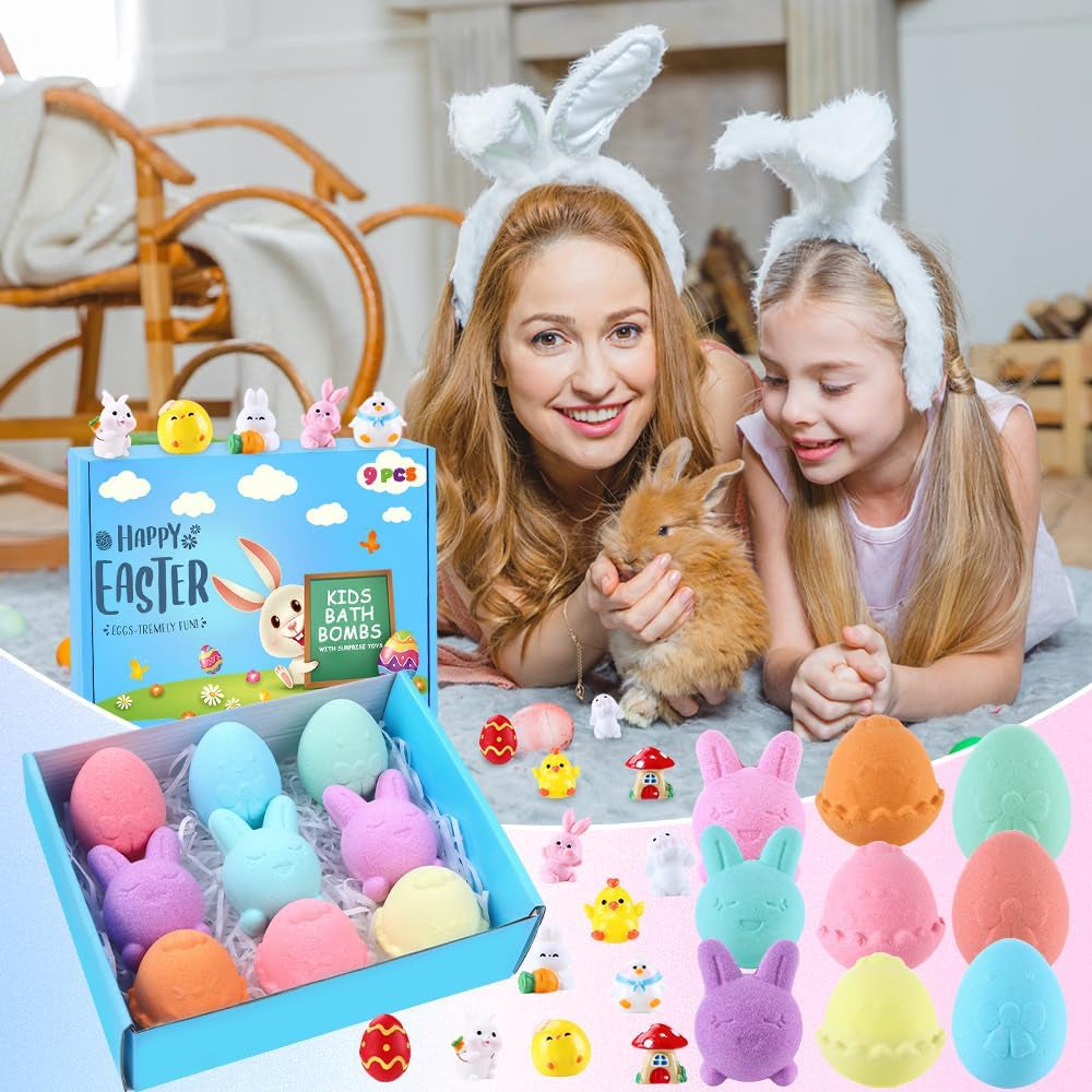 JOICEE 9 Pack Easter Bubble Bath Bombs for Kids with Easter Surprise Inside,Handmade Easter Egg Bunny Chick Organic Bath Fizz Balls for Kids Boys Girls Gift Easter Basket Stuffers