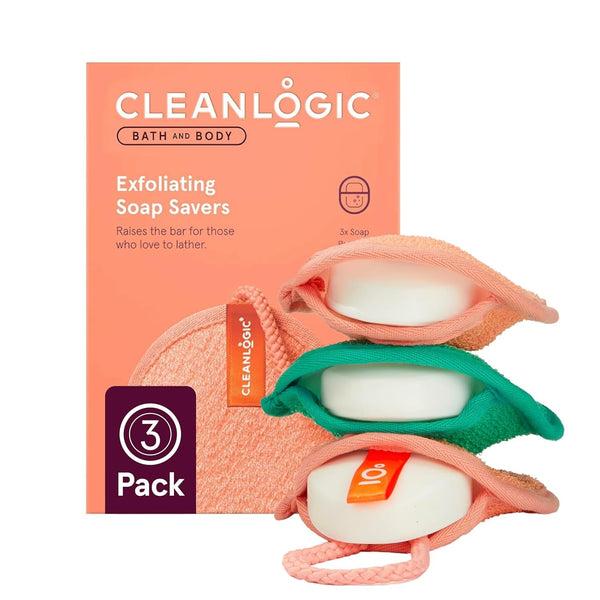 Cleanlogic Bath & Body Exfoliating Soap Saver, Exfoliator Scrubber Pouch, Daily Skincare Routine for Smooth Clean Skin, Assorted Colors, 3 Count Value Pack