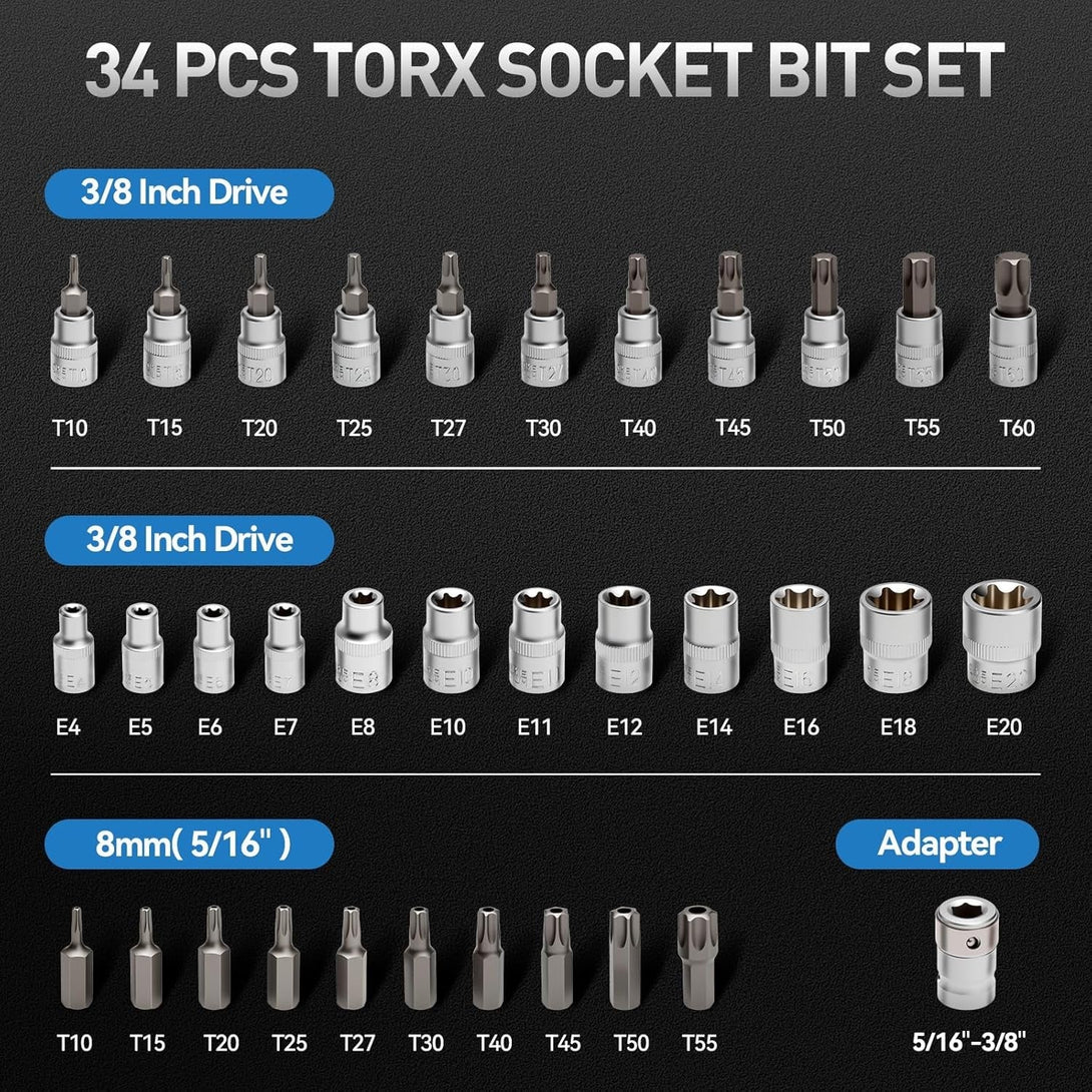 34-Piece 3/8'' Drive Torx Star Bit Sockets CR-V E-Socket Set, E4-20, T10-60, Tamper Proof Set TT10-TT55, 5/16"F to 3/8"M Adapter with Storage Case,S2 Steel, Ideal for Car,Trucks,Home Improvement