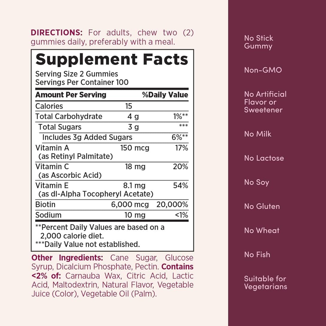 Nature’S Bounty Optimal Solutions Advanced Hair, Skin and Nails Pectin Gummies, 2X Biotin per Serving, No Stick Gummy, Vegetarian Formula, Strawberry Flavor, 200 Ct, 100 Total Servings