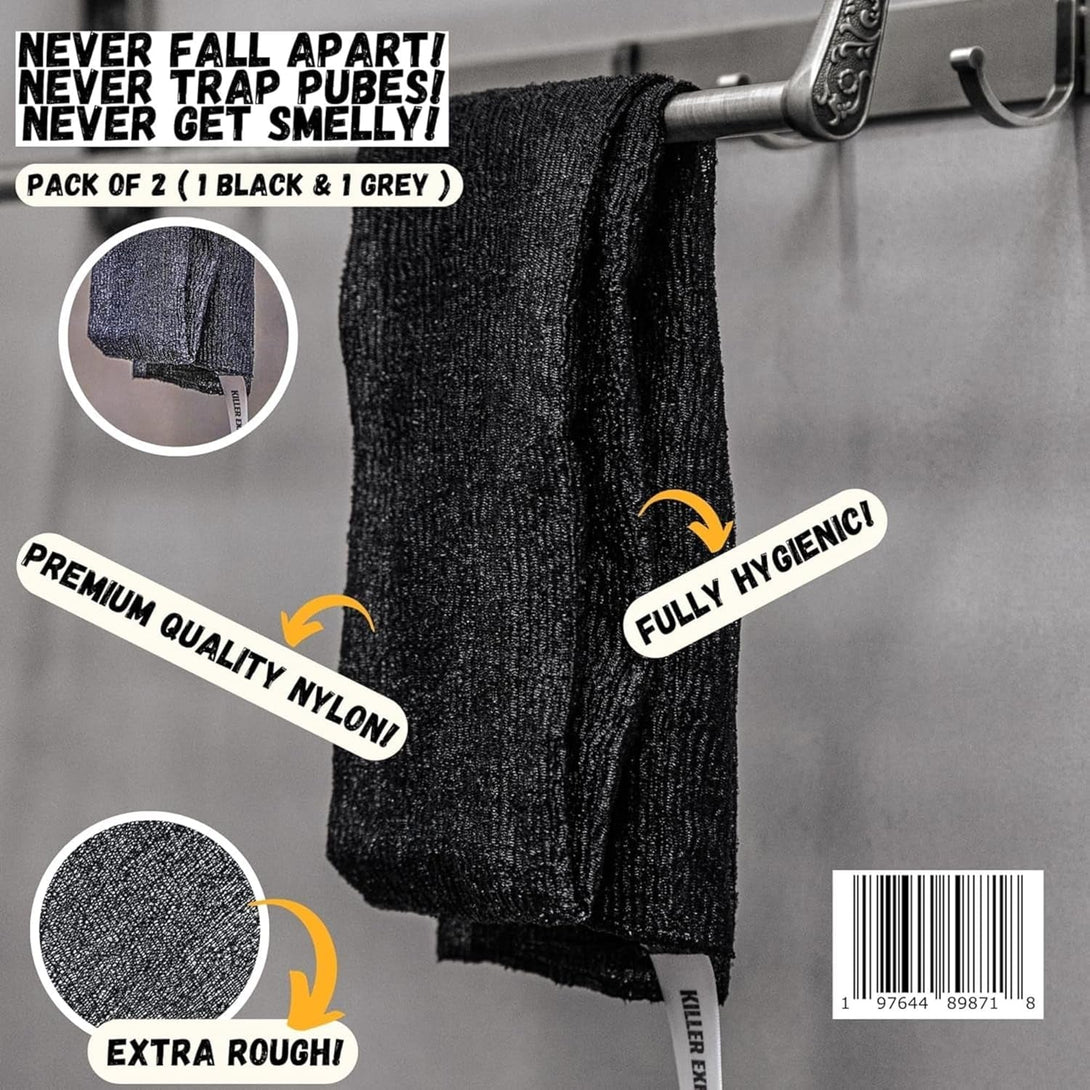 Extra Rough Exfoliating Washcloth-Extreme Body & Back Scrubber for Shower, Extra Long, Hygienic Rough Exfoliator, Men & Women, 2 Count Pack, Black & Grey, Killer Exfoliator