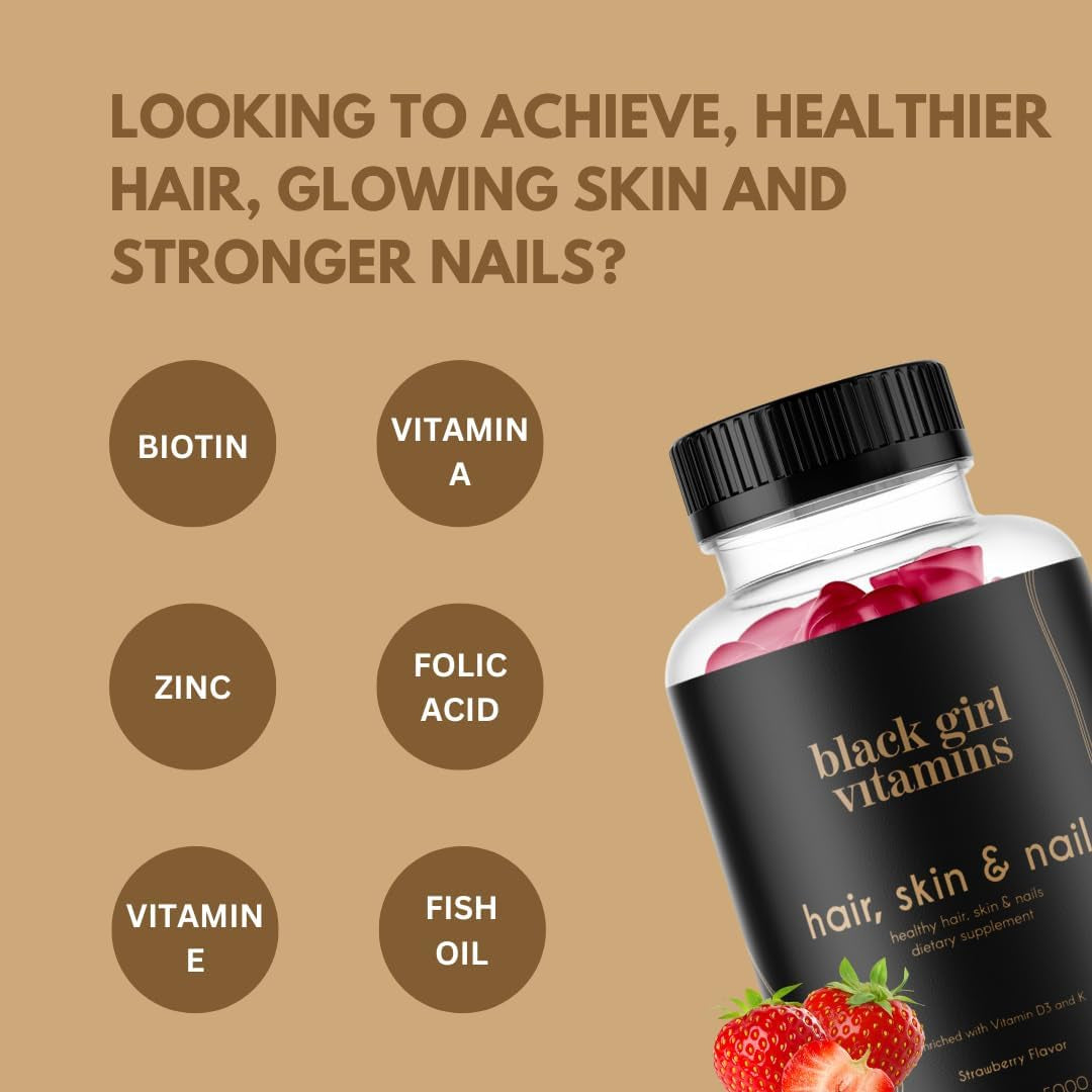Black Girl Vitamins - Hair, Skin, and Nails Gummies with Biotin (6000 Mcg), Zinc, Gelatin Free, Vitamin A, and Vitamin E - Gluten-Free. Made in the USA (Strawberry, 60 Count) 30 Day Supply