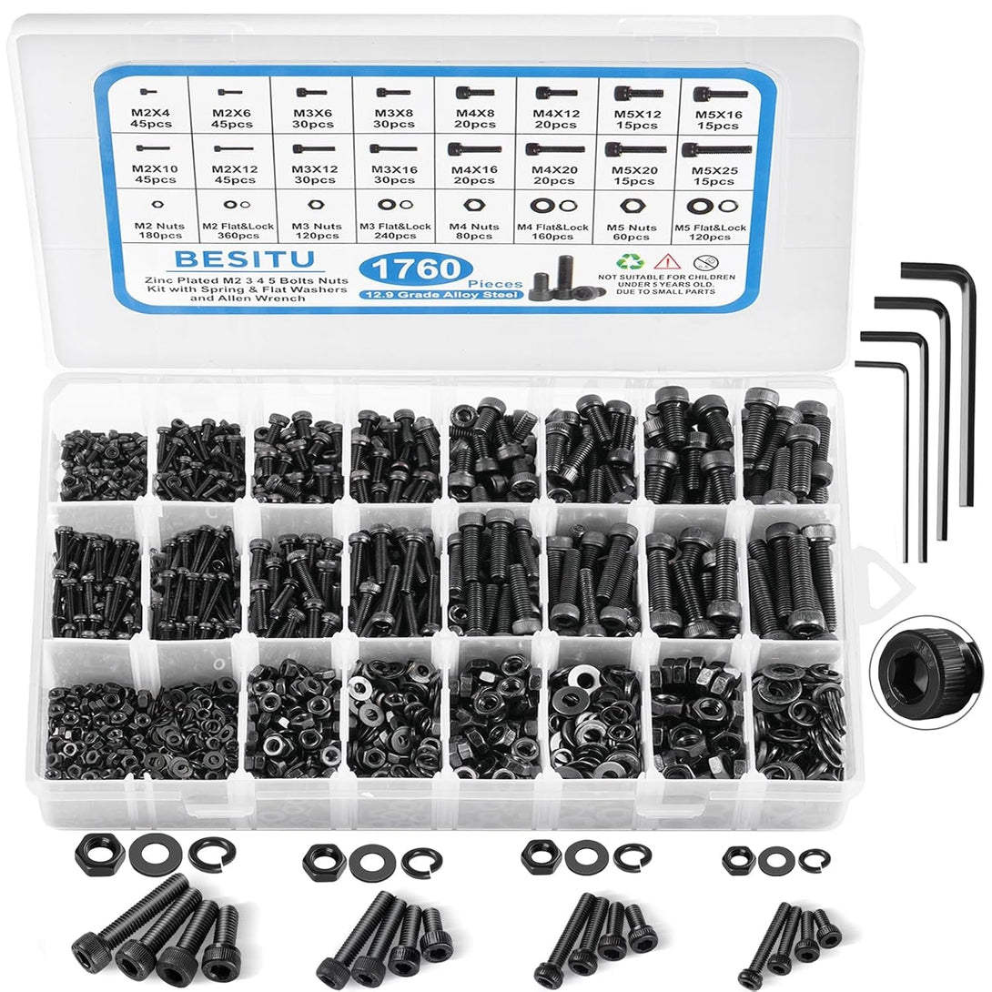 1760Pcs M2 M3 M4 M5 Metric Screw Assortment, Grade 12.9 Alloy Steel Hex Socket Head Cap Bolts and Nuts Kit, Black Zinc Plated and anti Rust Screw Set with 4 Pcs Hex Wrenches