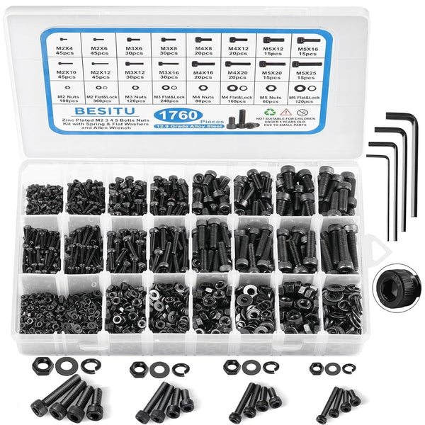 1760Pcs M2 M3 M4 M5 Metric Screw Assortment, Grade 12.9 Alloy Steel Hex Socket Head Cap Bolts and Nuts Kit, Black Zinc Plated and anti Rust Screw Set with 4 Pcs Hex Wrenches