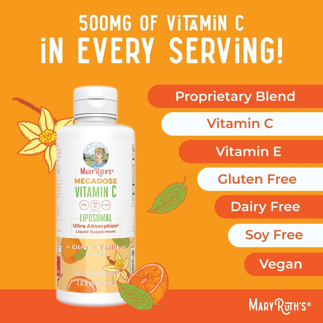 Maryruth Organics Liposomal Vitamin C | Immune Support Supplement | Megadose Vitamin C Supplement 500Mg | Skin Care | Liquid Vitamin C | Vitamin E | Vegan | Non GMO | 30 Servings