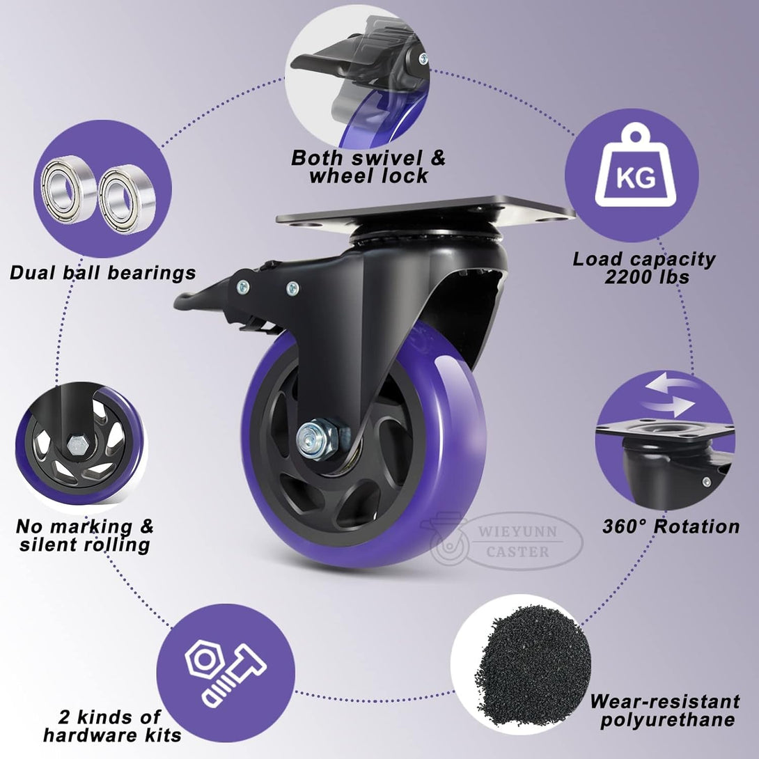 5 Inch Caster Wheels with Brake, Heavy Duty Casters Set of 4 2200Lbs, Swivel Casters with Double Ball Bearings, Dual Locking Casters,Wheels for Cart,Furniture,Cabinets,Workbench (Two Hardware Kits