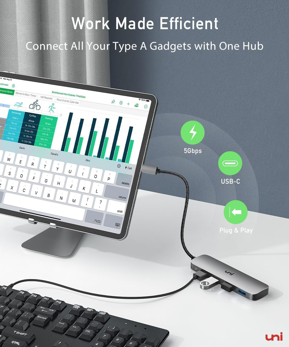 Uni USB C to USB Hub Multiport Adapter, Aluminum 4 Ports USB C Splitter for Laptop, Slim Thunderbolt 3/4 Data USB Hub Compatible for Macbook Pro/Air, Ipad Pro, Dell, Chromebook | Keyboard, Mouse, HDD