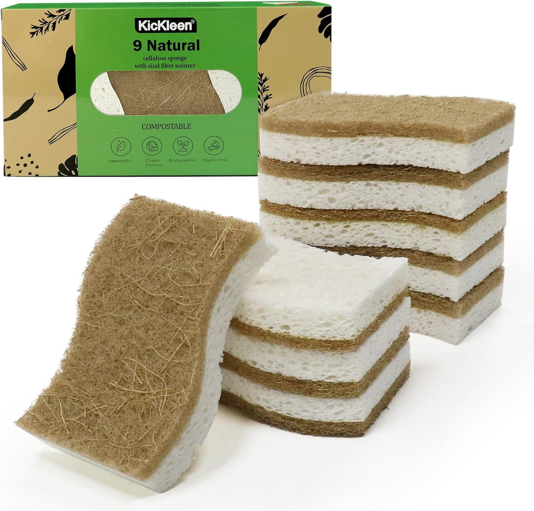 9 Pack Biodegradable Natural Kitchen Sponge - Compostable Cellulose and Coconut Walnut Scrubber Sponge - Eco Friendly Sustainable Sponges for Dishes