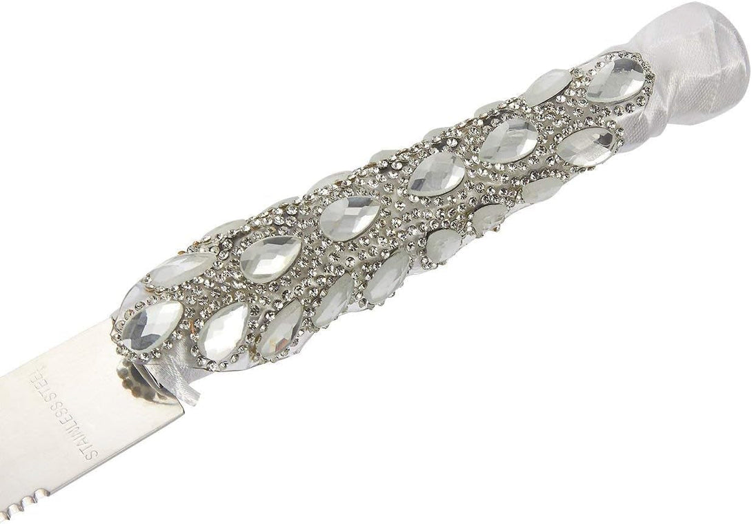 Juvale Stainless Steel Wedding Cake Knife and Server Set for Cake Cutting Ceremony, Embellished with Faux Crystals, Diamonds, Ribbon