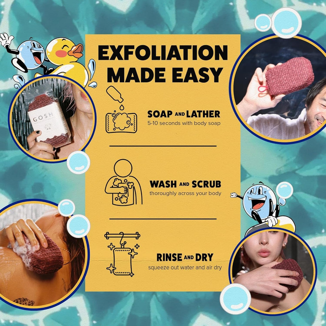 GOSHI Exfoliating Shower Sponge - Rip-Resistant, Rapid-Drying Exfoliating Bath Sponge for All Skin Types - Brick Red - Made in Japan