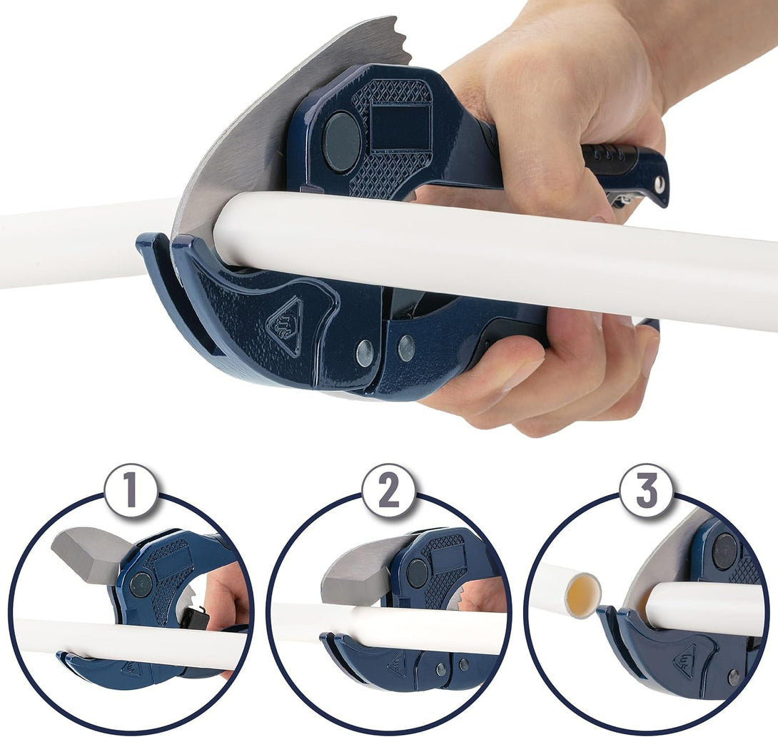 Bates- PVC Pipe Cutter, Cuts up to 1-5/8", Navy Blue Ratcheting PVC Pipe Cutter Tool, Pipe Cutters PVC Pipe Shears, Plastic Pipe Cutter, PEX Pipe Cutter, PVC Cutter Tool, PVC Ratchet Cutter