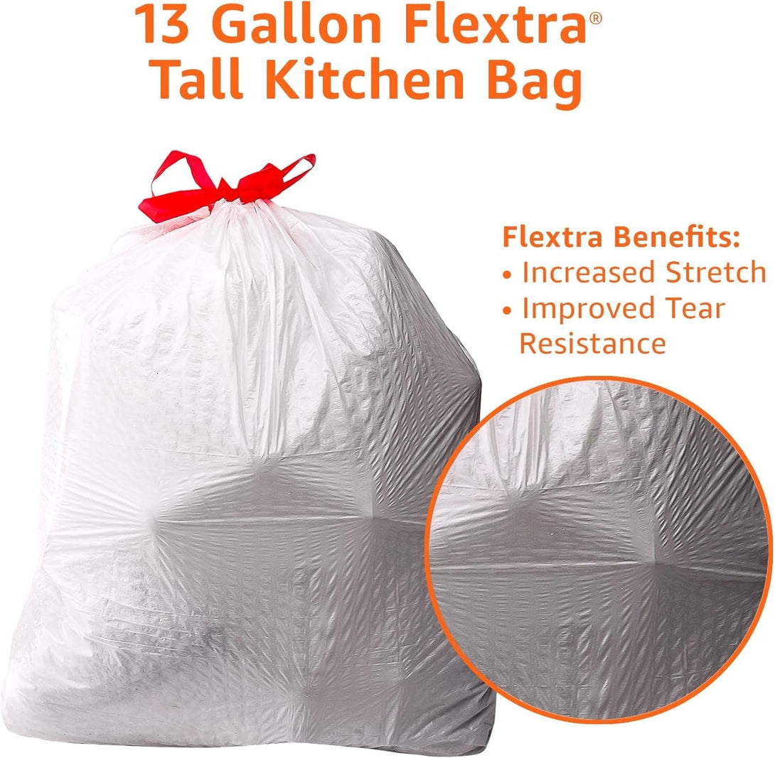 Amazon Basics 13 Gallon Flextra Strength Tall Kitchen Drawstring Trash Bags, Clean Fresh Scnet, Tear Resistant, 10% Post Consumer Recycled, 90 Count